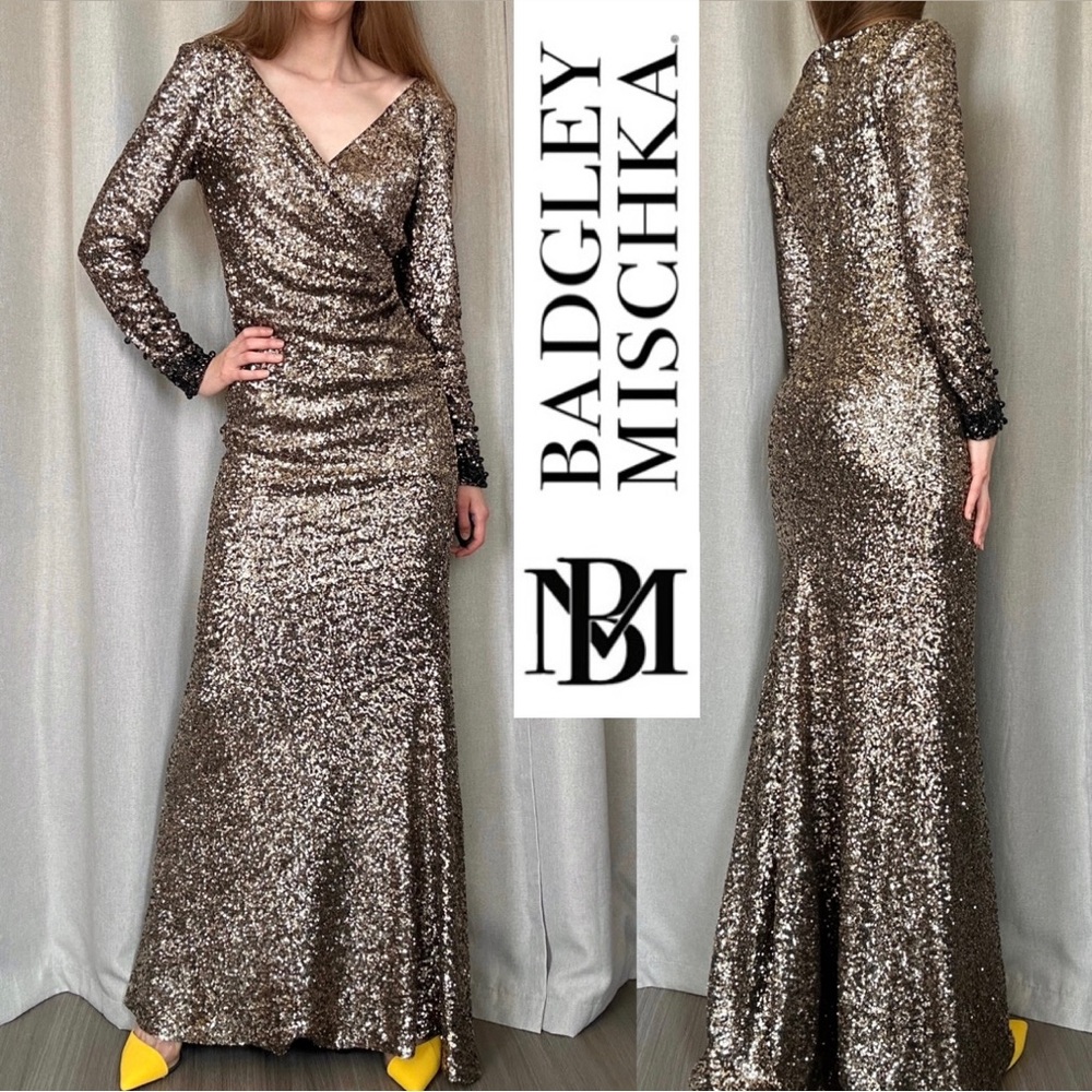Badgley Mischka Gold Sequin V-neck Longsleeve Drape Waist Maxi Gown Dress 2